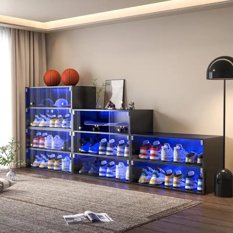 Glass-Door Sneaker Storage Cabinet with RGB LED Lighting