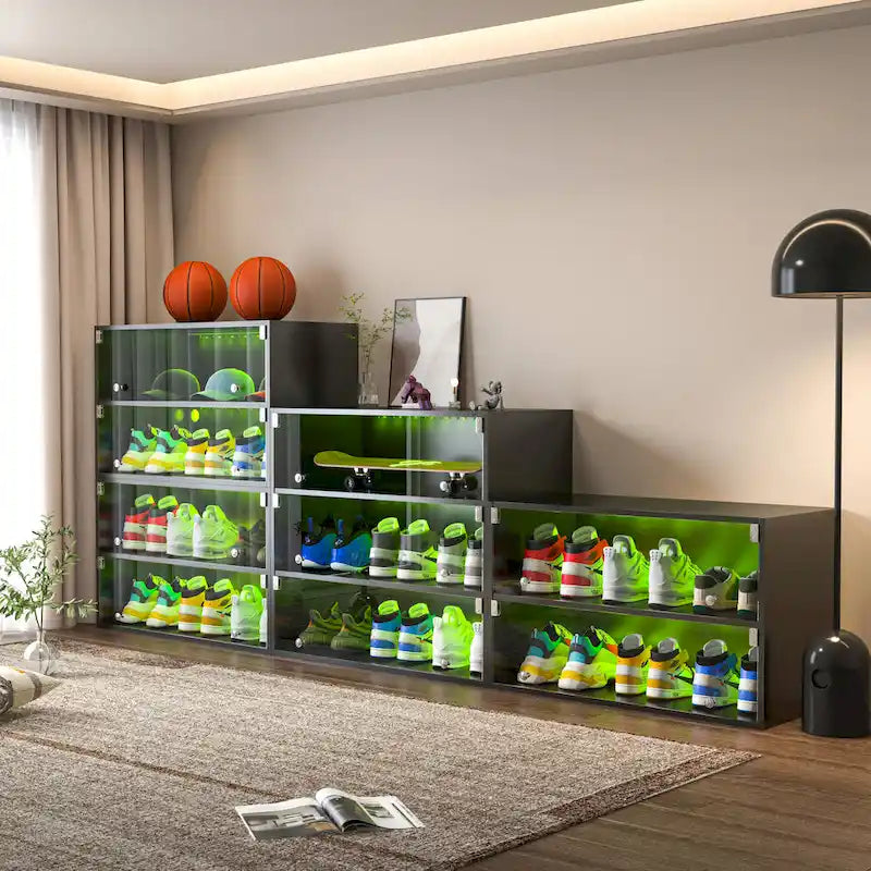 Glass-Door Sneaker Storage Cabinet with RGB LED Lighting