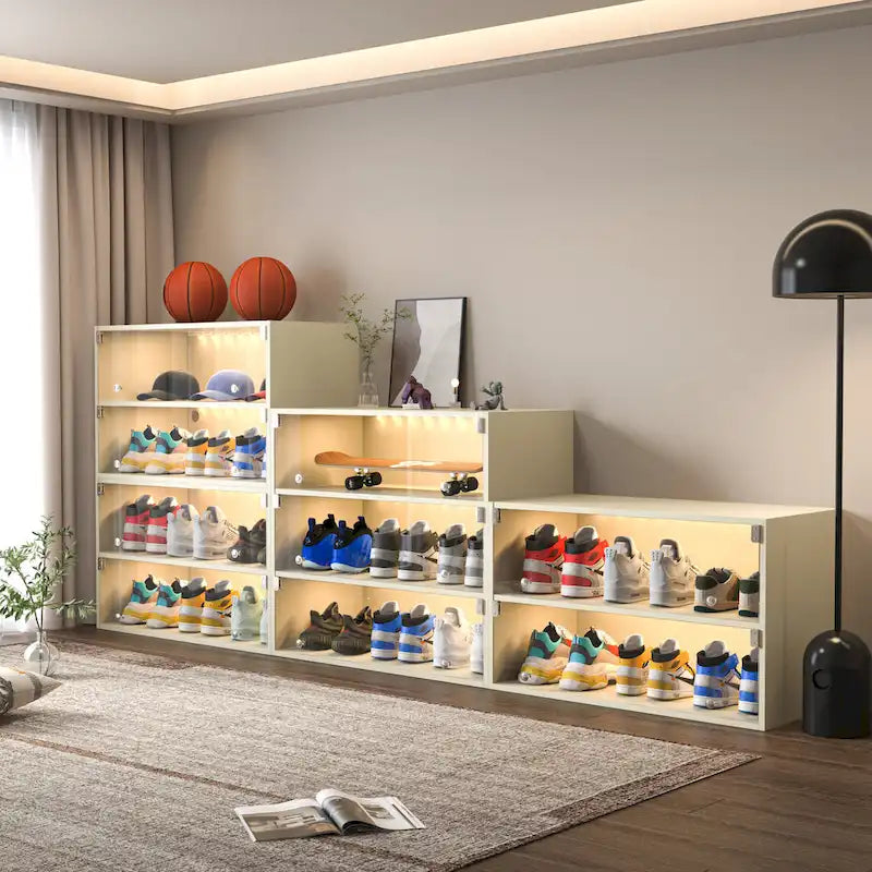Glass-Door Sneaker Storage Cabinet with RGB LED Lighting