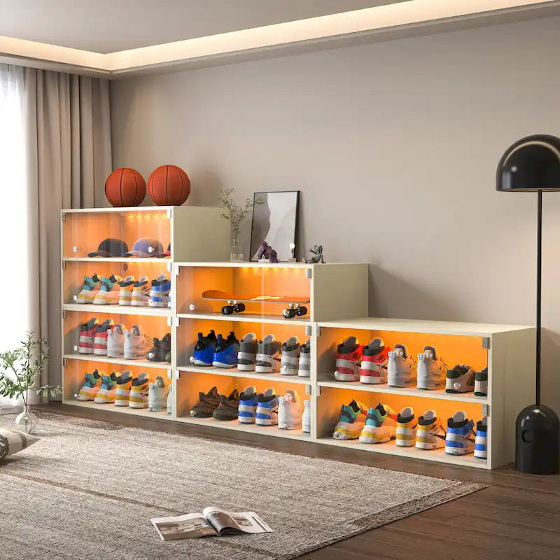 Glass-Door Sneaker Storage Cabinet with RGB LED Lighting