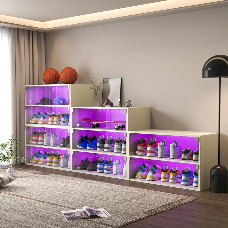Glass-Door Sneaker Storage Cabinet with RGB LED Lighting