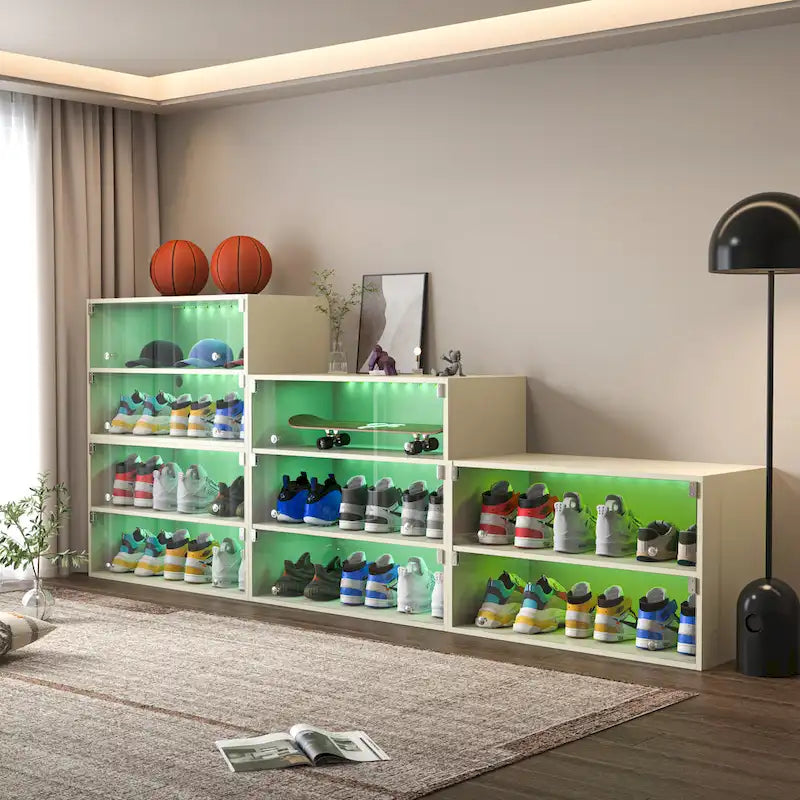 Glass-Door Sneaker Storage Cabinet with RGB LED Lighting