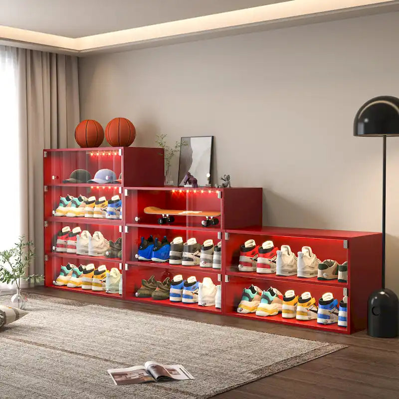 Glass-Door Sneaker Storage Cabinet with RGB LED Lighting