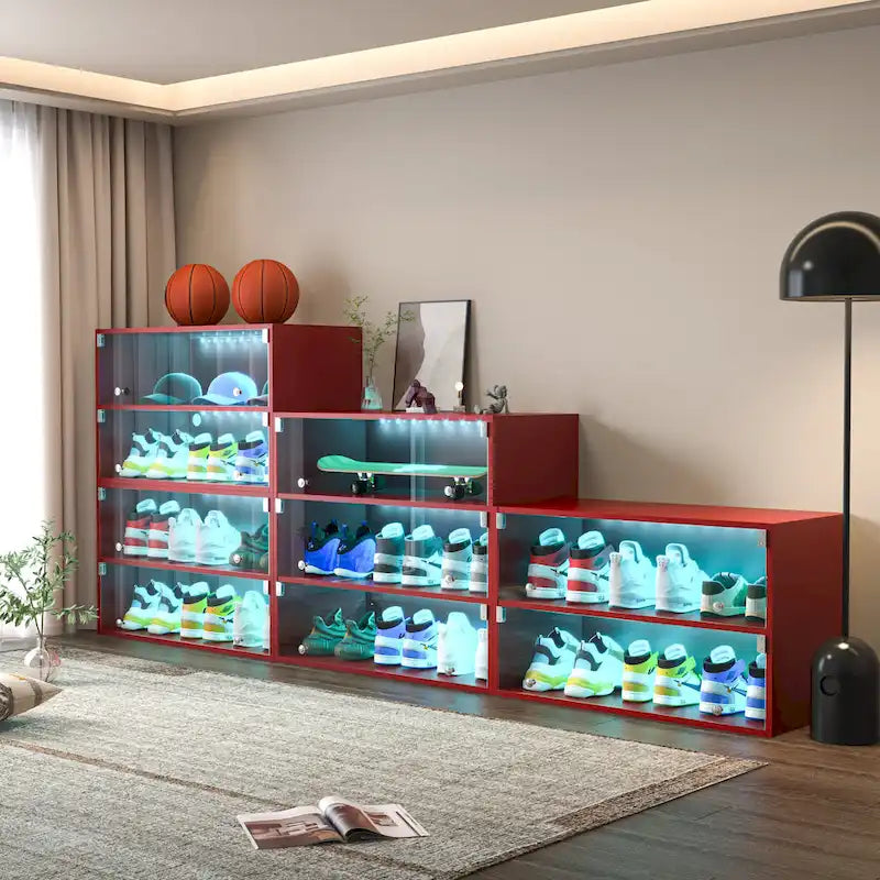 Glass-Door Sneaker Storage Cabinet with RGB LED Lighting