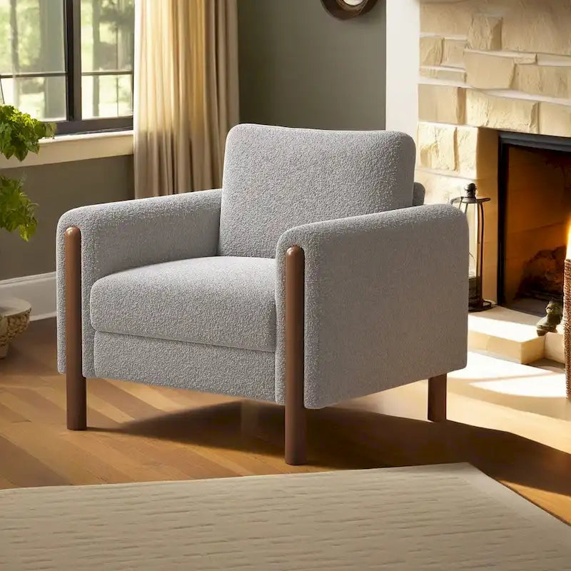 Oversized Textured Upholstered Accent Chair with Walnut Legs