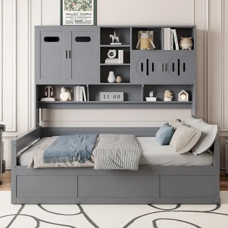Wooden Bookcase Daybed with Hydraulic Lift Storage