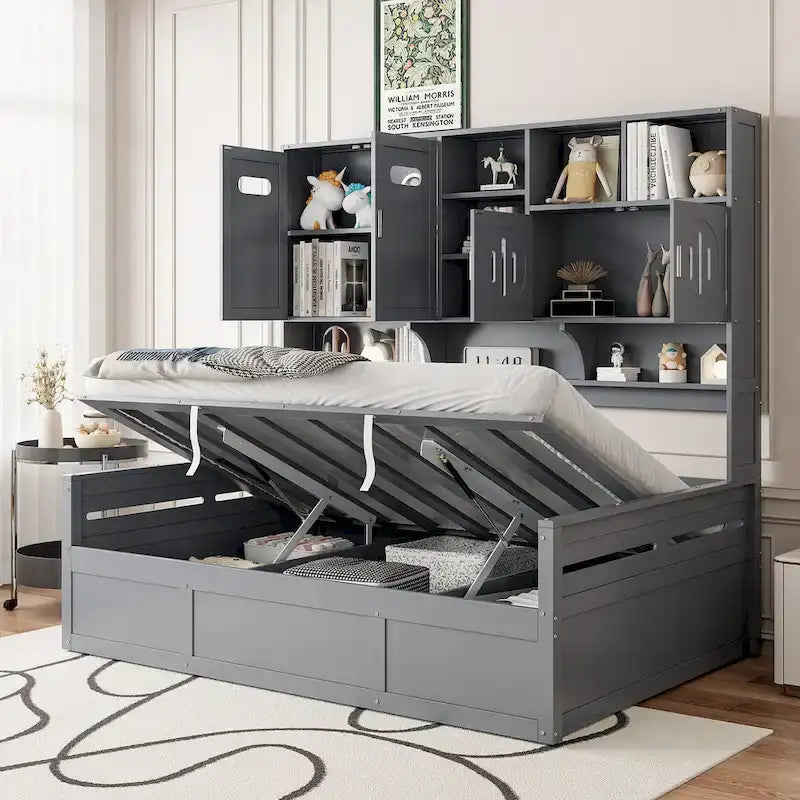Wooden Bookcase Daybed with Hydraulic Lift Storage