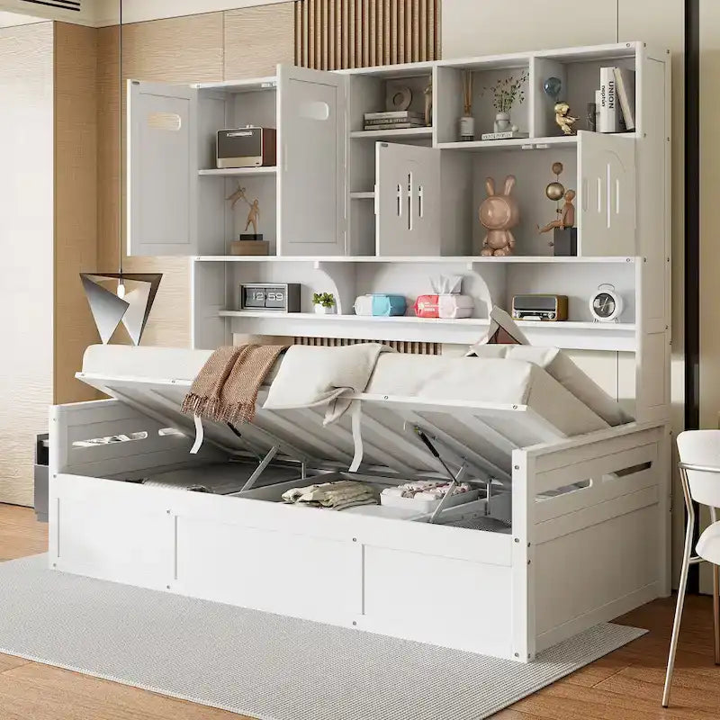 Wooden Bookcase Daybed with Hydraulic Lift Storage
