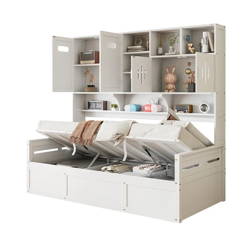 Wooden Bookcase Daybed with Hydraulic Lift Storage