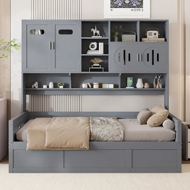Wooden Bookcase Daybed with Hydraulic Lift Storage