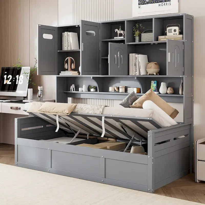 Wooden Bookcase Daybed with Hydraulic Lift Storage
