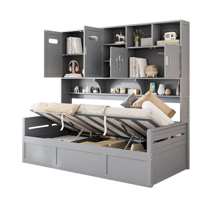 Wooden Bookcase Daybed with Hydraulic Lift Storage