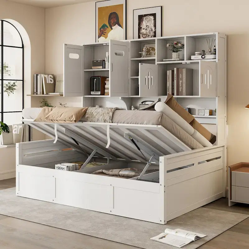 Wooden Bookcase Daybed with Hydraulic Lift Storage