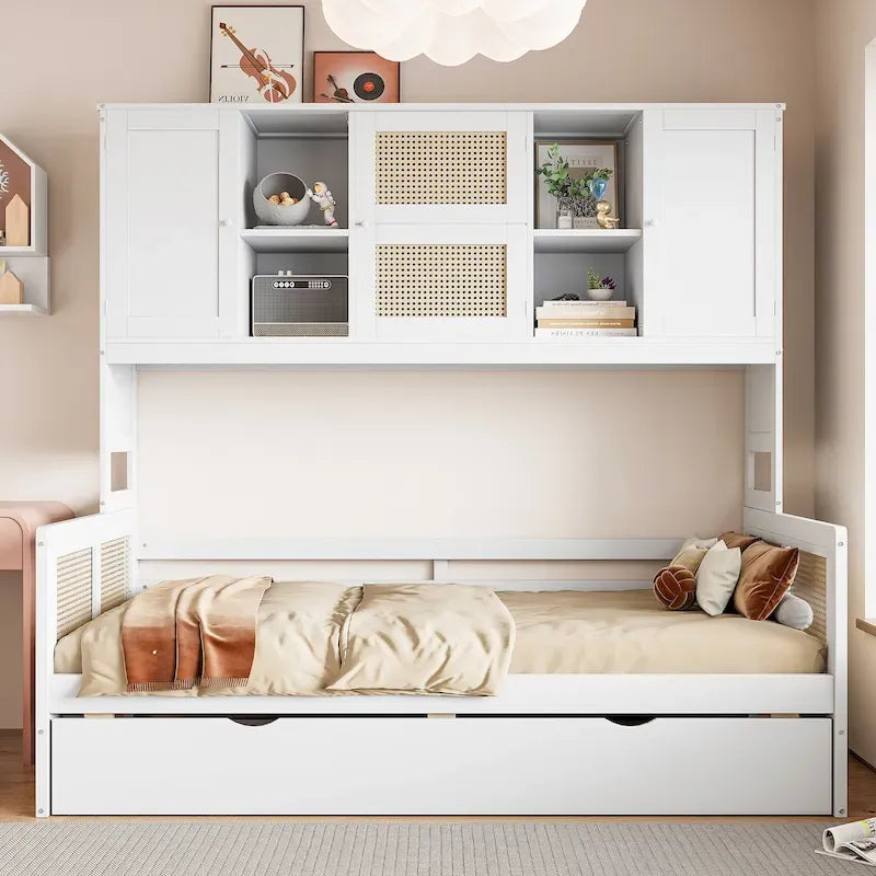 Wooden Bookcase Daybed with Twin Trundle and Storage Cabinet
