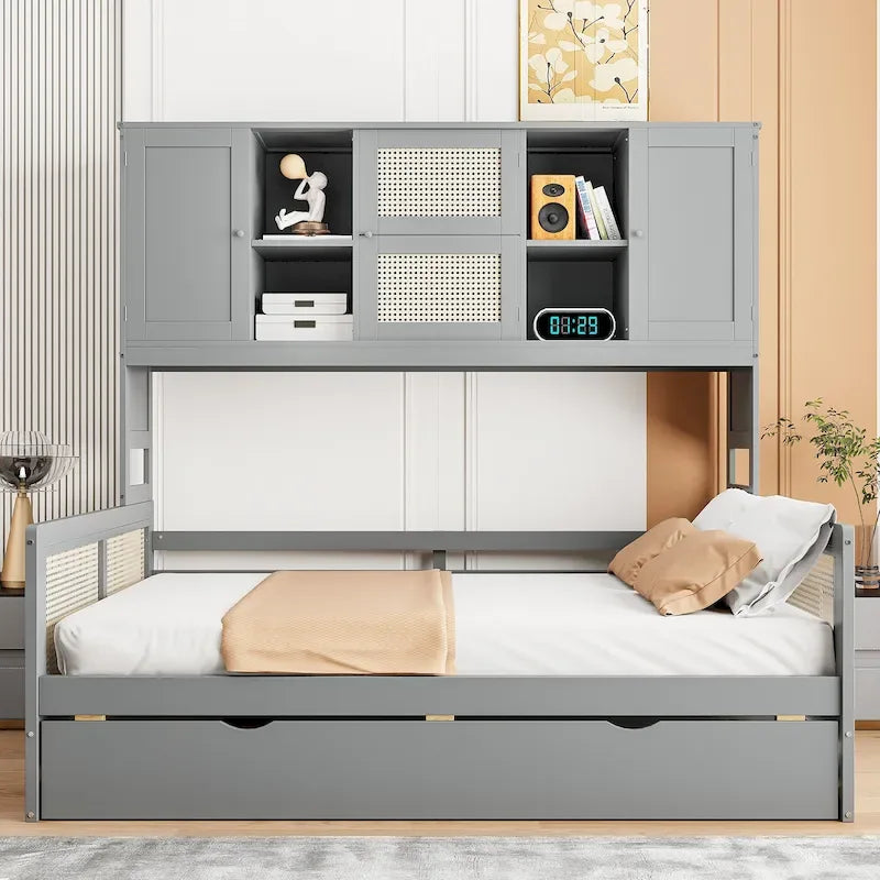 Wooden Bookcase Daybed with Twin Trundle and Storage Cabinet