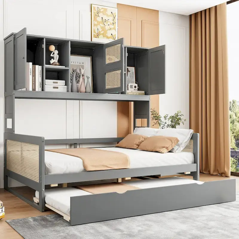 Wooden Bookcase Daybed with Twin Trundle and Storage Cabinet