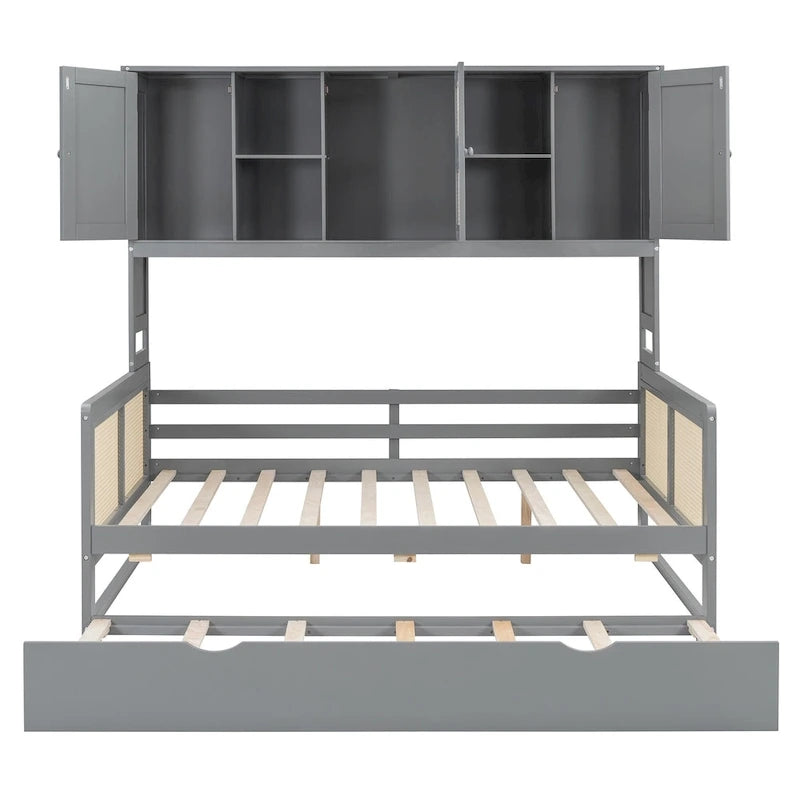 Wooden Bookcase Daybed with Twin Trundle and Storage Cabinet