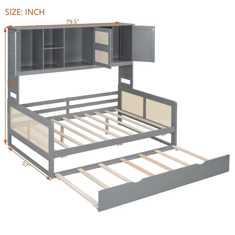 Wooden Bookcase Daybed with Twin Trundle and Storage Cabinet