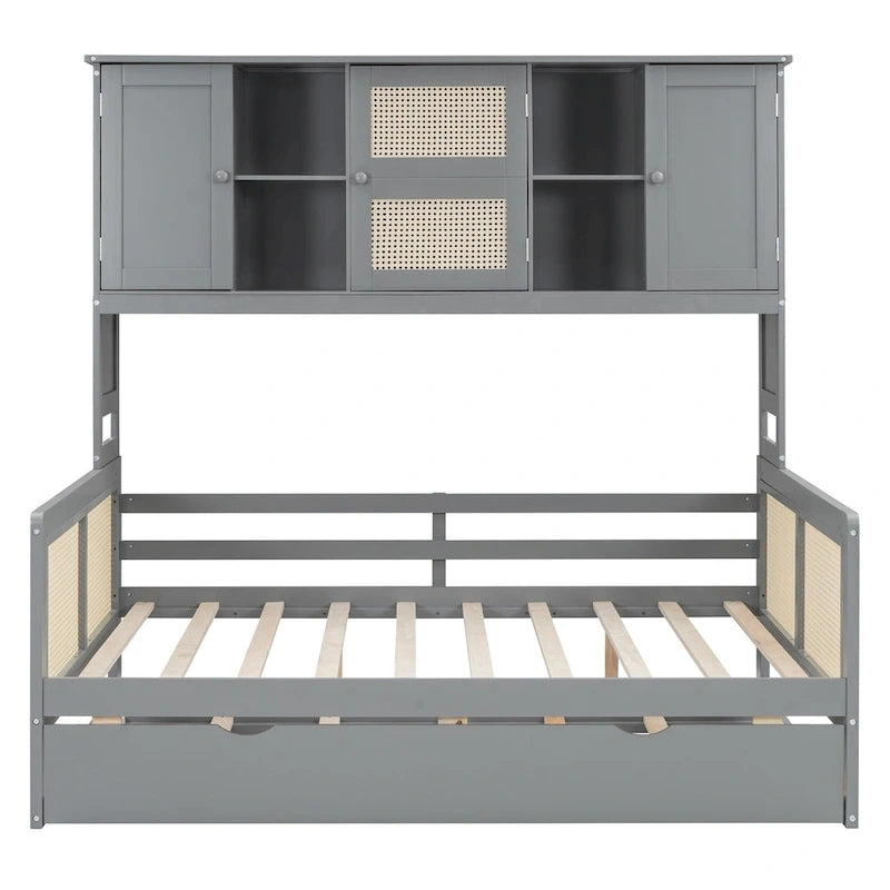 Wooden Bookcase Daybed with Twin Trundle and Storage Cabinet