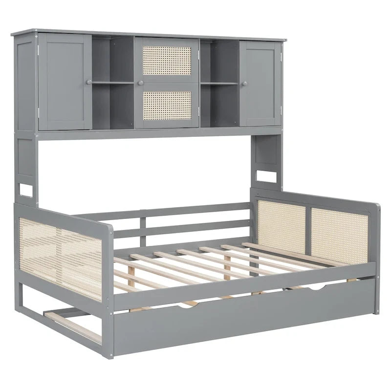 Wooden Bookcase Daybed with Twin Trundle and Storage Cabinet