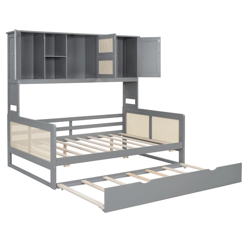 Wooden Bookcase Daybed with Twin Trundle and Storage Cabinet