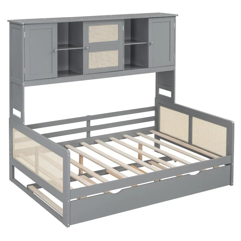 Wooden Bookcase Daybed with Twin Trundle and Storage Cabinet