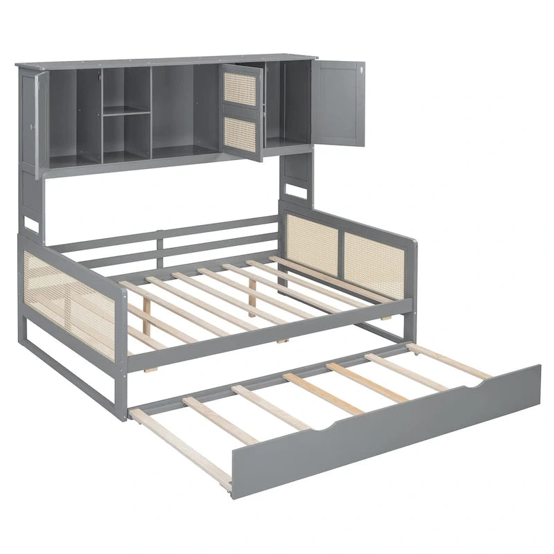Wooden Bookcase Daybed with Twin Trundle and Storage Cabinet