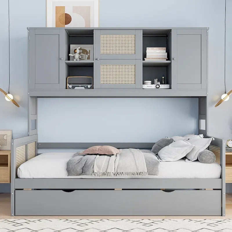 Wooden Bookcase Daybed with Twin Trundle and Storage Cabinet