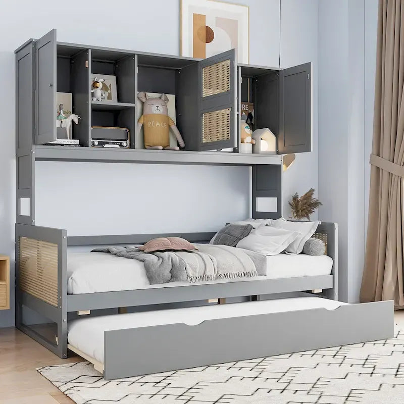 Wooden Bookcase Daybed with Twin Trundle and Storage Cabinet