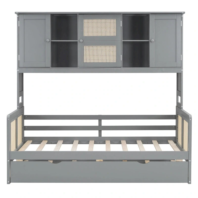 Wooden Bookcase Daybed with Twin Trundle and Storage Cabinet