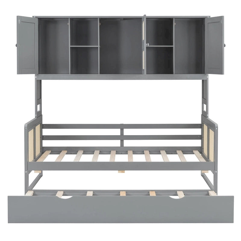 Wooden Bookcase Daybed with Twin Trundle and Storage Cabinet