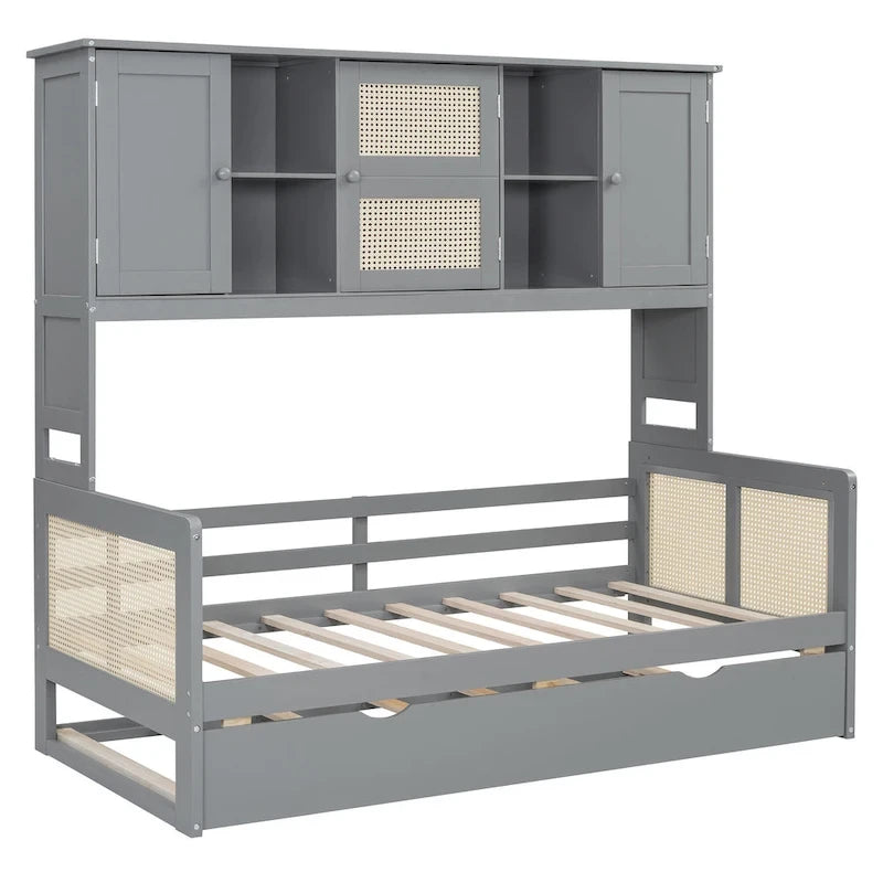 Wooden Bookcase Daybed with Twin Trundle and Storage Cabinet