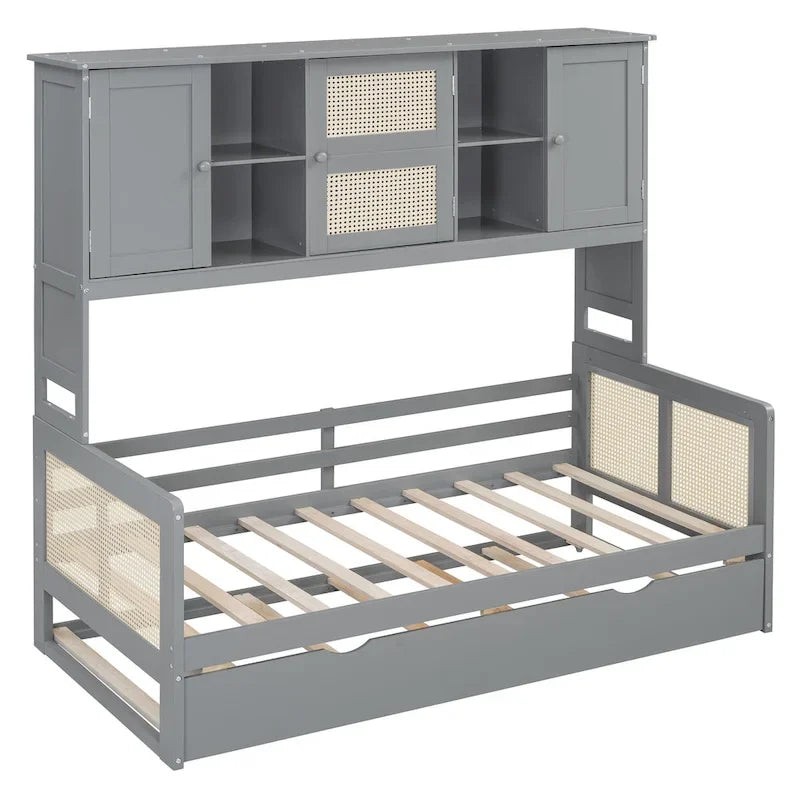 Wooden Bookcase Daybed with Twin Trundle and Storage Cabinet