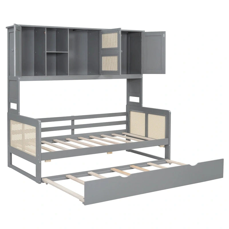 Wooden Bookcase Daybed with Twin Trundle and Storage Cabinet