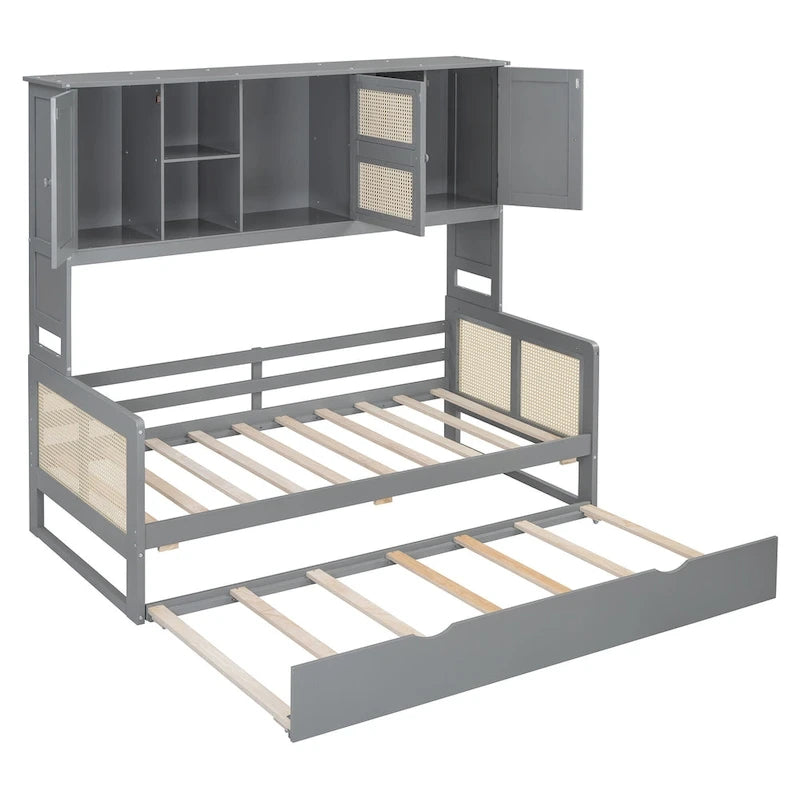 Wooden Bookcase Daybed with Twin Trundle and Storage Cabinet