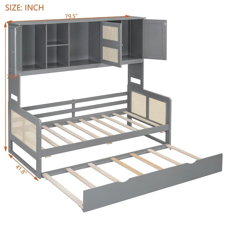 Wooden Bookcase Daybed with Twin Trundle and Storage Cabinet