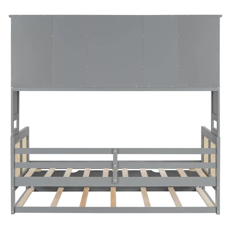 Wooden Bookcase Daybed with Twin Trundle and Storage Cabinet