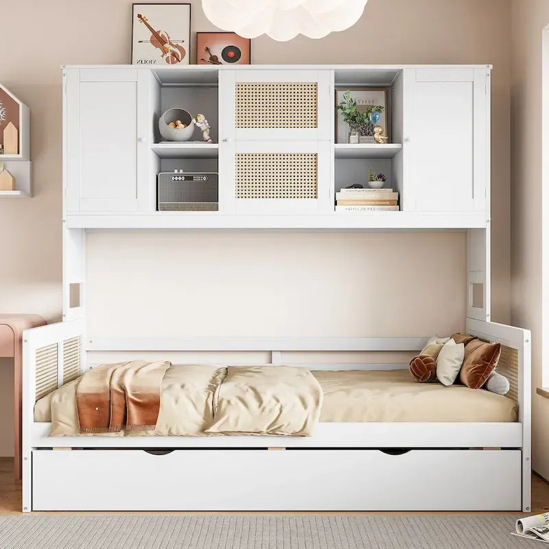 Wooden Bookcase Daybed with Twin Trundle and Storage Cabinet