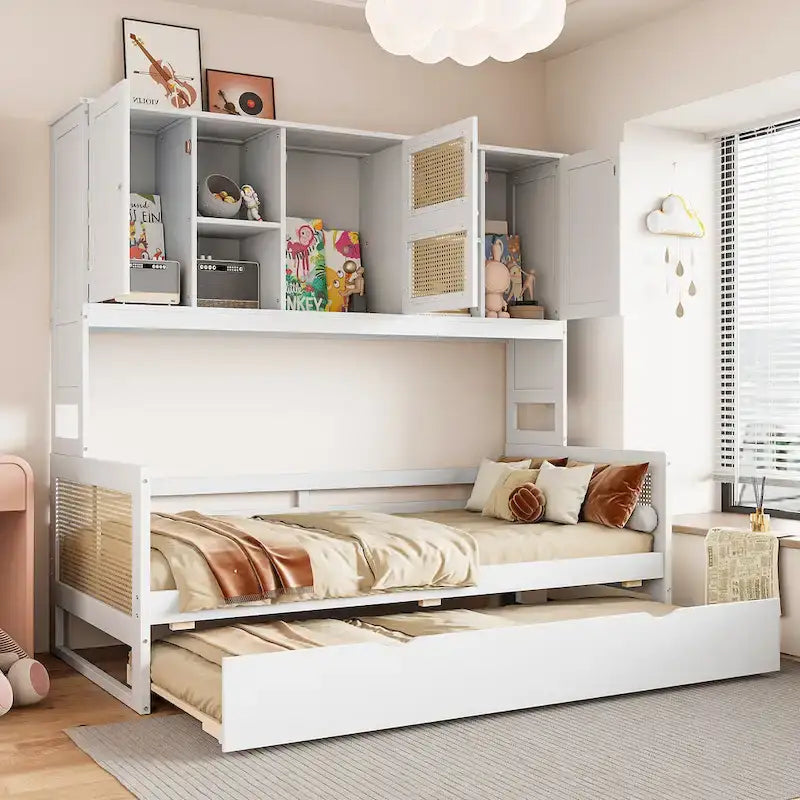 Wooden Bookcase Daybed with Twin Trundle and Storage Cabinet