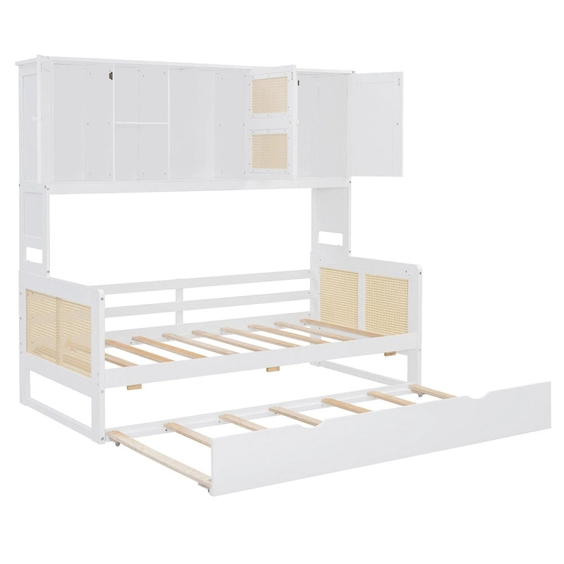 Wooden Bookcase Daybed with Twin Trundle and Storage Cabinet