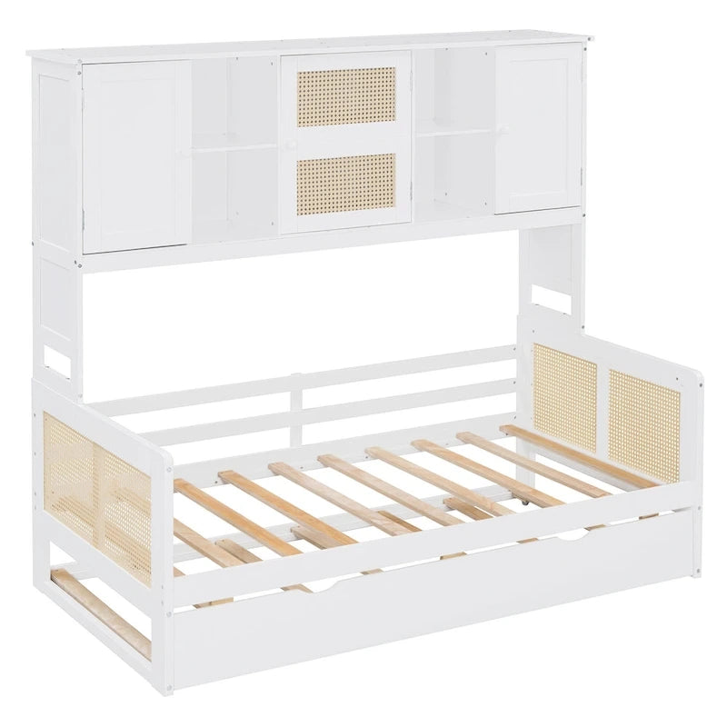 Wooden Bookcase Daybed with Twin Trundle and Storage Cabinet
