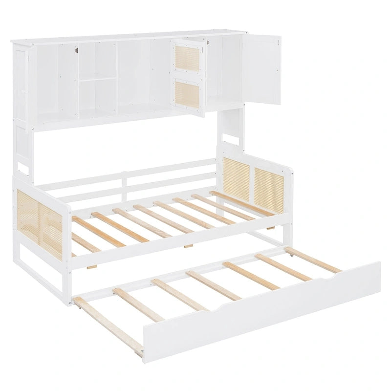 Wooden Bookcase Daybed with Twin Trundle and Storage Cabinet