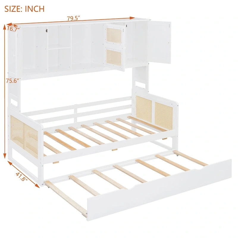 Wooden Bookcase Daybed with Twin Trundle and Storage Cabinet