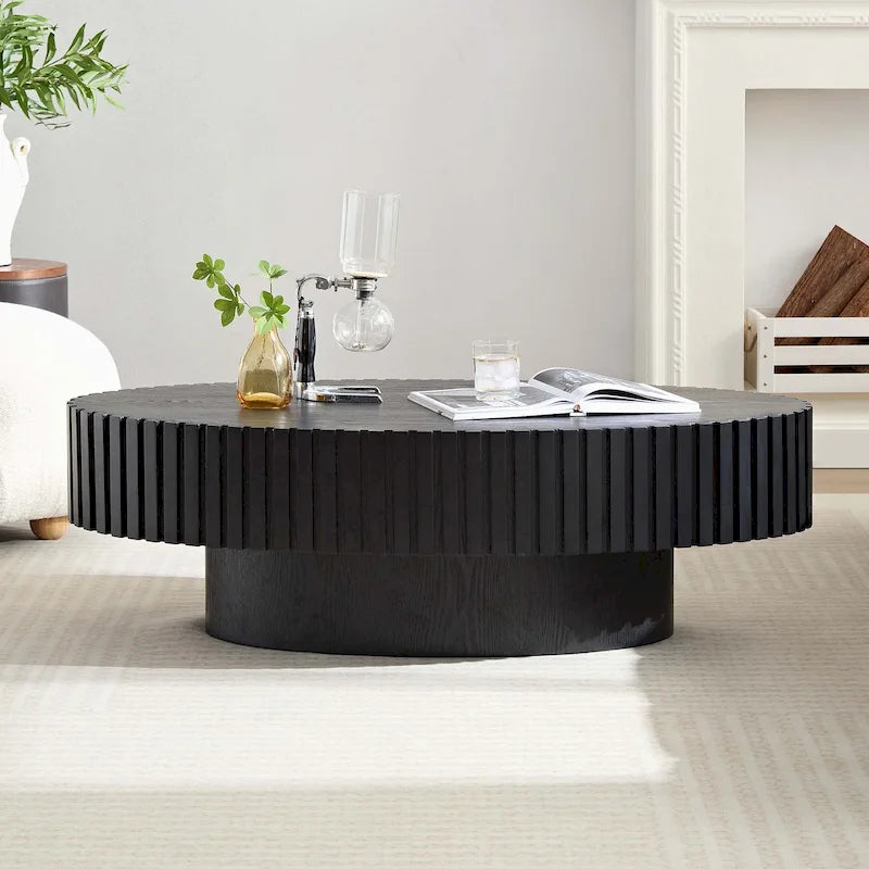 Round Coffee Table with Wood-Grain Finish and Pedestal Base