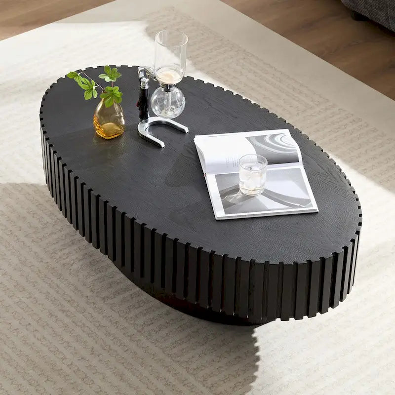 Round Coffee Table with Wood-Grain Finish and Pedestal Base