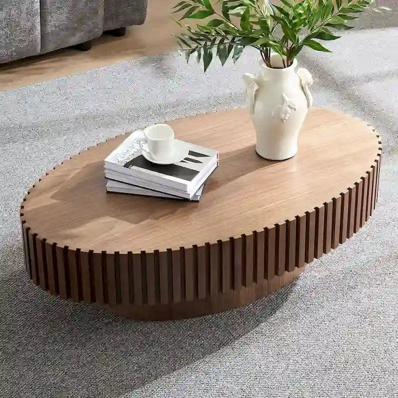 Round Coffee Table with Wood-Grain Finish and Pedestal Base