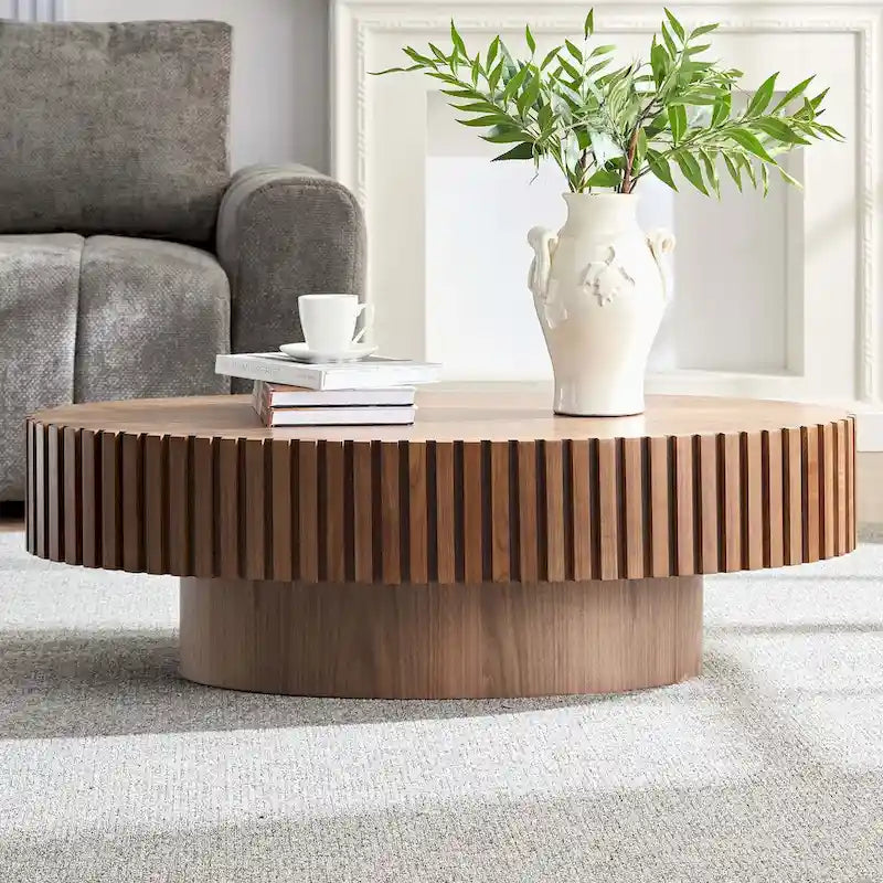 Round Coffee Table with Wood-Grain Finish and Pedestal Base