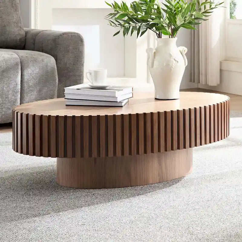 Round Coffee Table with Wood-Grain Finish and Pedestal Base