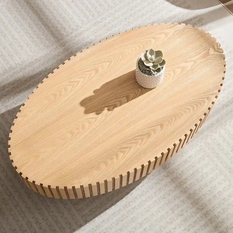 Round Coffee Table with Wood-Grain Finish and Pedestal Base
