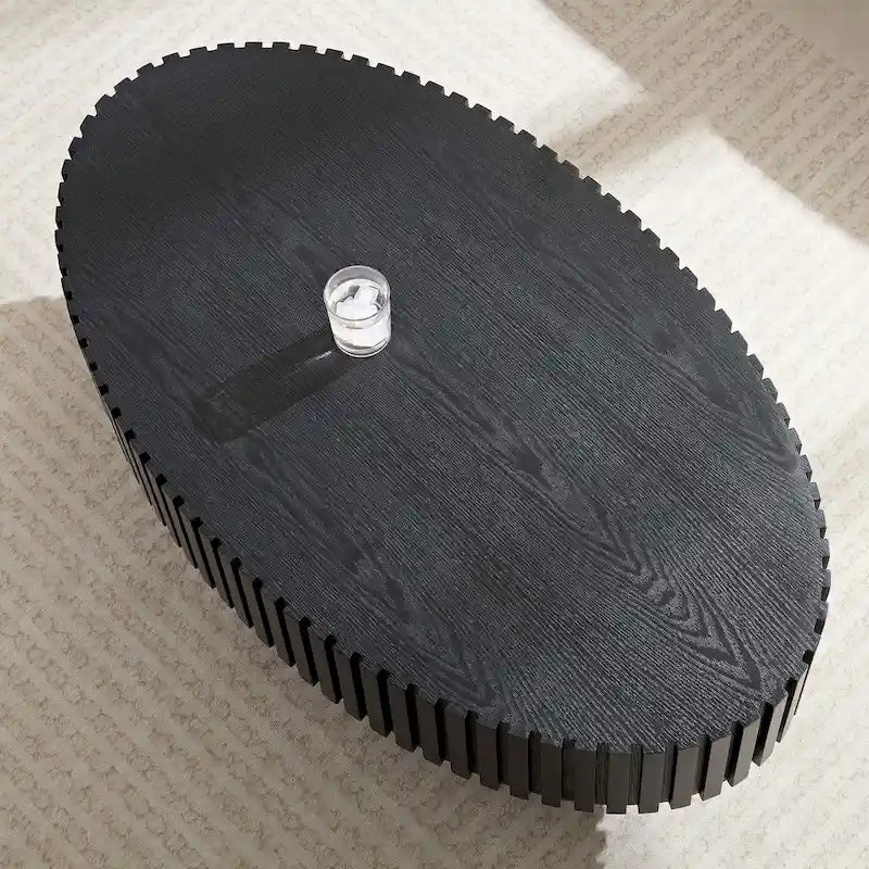 Round Coffee Table with Wood-Grain Finish and Pedestal Base